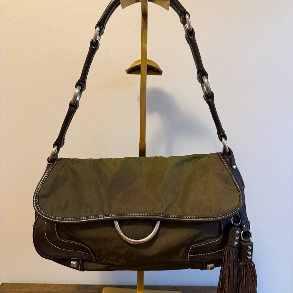 Prada Olive Green and Dark Brown Shoulder Bag with Tassel